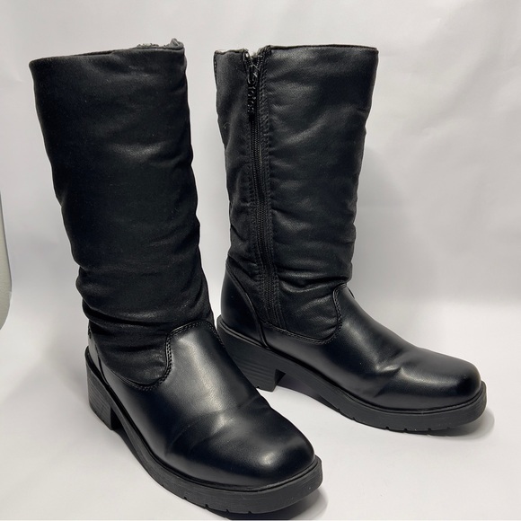 TOTES size 7 1/2 Women’s Moto Black Waterproof Chunky Block Heel Round Toe  Boot - Picture 1 of 9